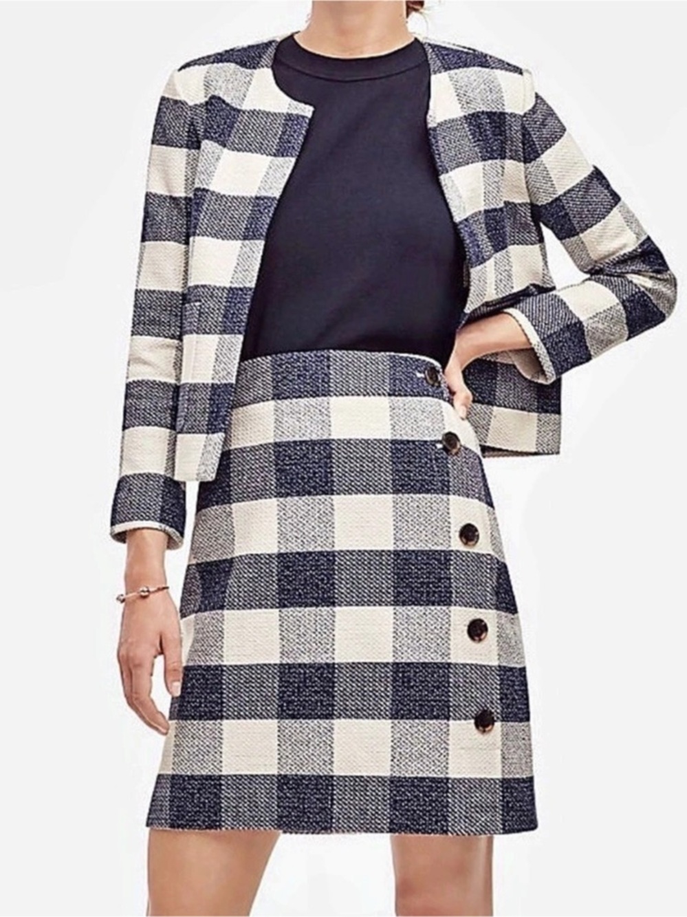 Ann Taylor Gingham Tweed Button Mini Skirt Blue & White Size 2P